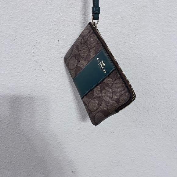 - Coach Signature Canvas Wristlet with Green Leather Trim— - Picture 2 of 13
